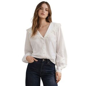 White Peter Pan Oversized Collared Elegant Lace Trim Blouse Nautical Sailor